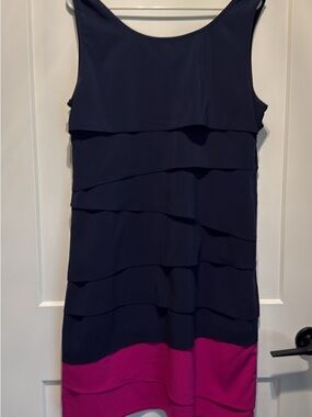 Calvin Klein Navy and Fuchsia Tiered Sleeveless Midi Dress